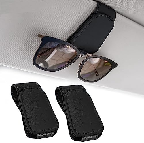 MIHUTU 2 Stück Brillenhalter für Auto Sonnenblende, Leder Sonnenbrillen Halterung/Ticket-Kartenclip, Auto Magnetische Brillenhalter für Alle Arten von Gläsern Geeignet, Schwarz