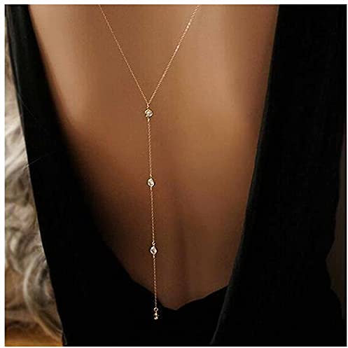 Dervivea Boho Crystal Back Necklace Long Cz Backdrop Necklace Gold Crystal Lariat Y Necklace Rhinestone Back Chain Necklace Long Cz Wedding Backdrop Chain Jewelry for Women and Girls(Style 2)