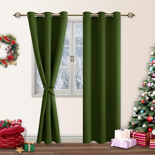 DWCN Blickdichte Vorhänge mit Vorhange-Raffhalter Verdunkelungsgardinen mit Ösen 2 Stücke Thermogardine für Wohnzimmer,Schlafzimmer,Olive Grün,228x117cm(HxB)