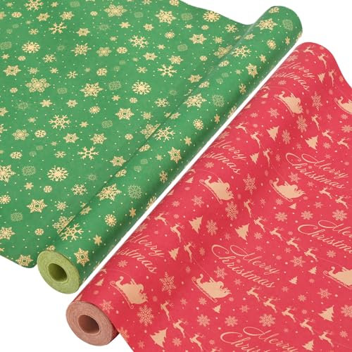AhfuLife 2 Rouleau Kraft Papier Cadeau Noël, 43cm×15m Recyclable Papier Emballage Noël avec Motifs Fins pour Enfant Emballage des Cadeaux, Décoration de Les Fêtes(H: Luge/Flocons de Neige)