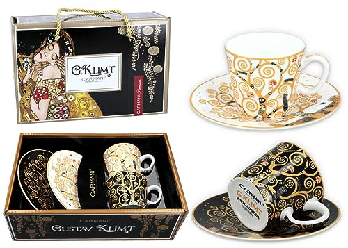Carmani - Espressotassen mit Untertassen, 2er-Set, mit Gustav Klimt, Der Baum des Lebens, Geschenkverpackung 100 ml