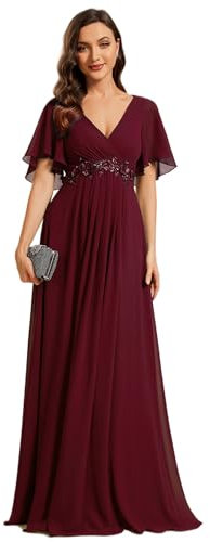 Ever-Pretty Robe de Témoin de Mariage Longue Appliqué Col V Manches Courtes Chic Bordeaux 36