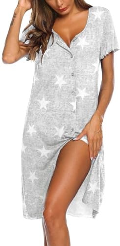 Ekouaer Women's Nightdress Short Sleeve Nightshirt Button Down Nightgown Sleepwear Summer Sleepshirts, Star Large