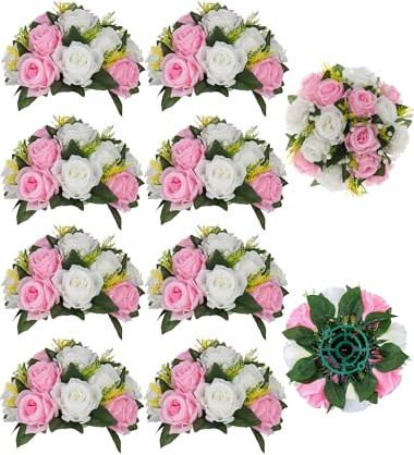 BLOSMON Blumenkugeln Rosen-Mittelstücke: 10 Stück rosa weiße künstliche Blumen, küssende Bälle, Dekoration, künstliche Hochzeitsblumenarrangements, Seidenblumenstrauß mit Sockel, Zuhause, Party, Raum,