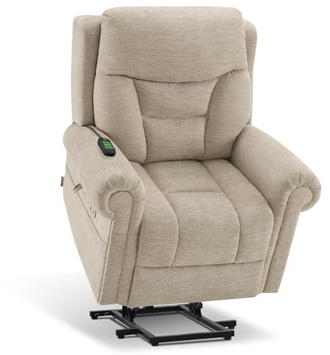 MCombo Triple Motor Riser Recliner Chair for Elderly, Electric Power Lift Armchair with Massage & Heating, Rolled Arms, Adjustable Headrest, Fabric 7888 (Beige, Medium)