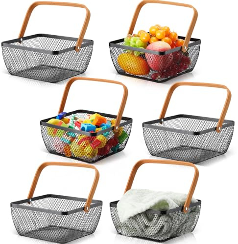 Kleine Einkaufskörbe aus Metallgeflecht mit Griff, quadratischer Draht, Ernteaufbewahrung für Küche, Aufbewahrung, Garten, Picknick, Badezimmer, 21,6 x 21,6 x 10,5 cm, Schwarz, 6 Stück