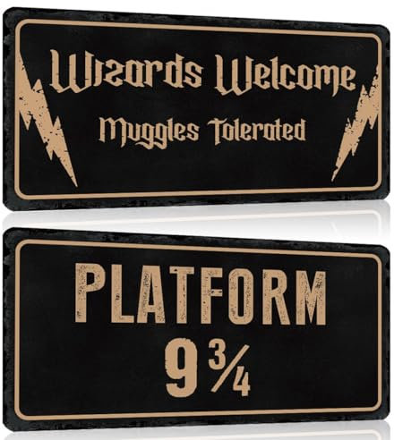 2er Set Lustige Willkommen Schild 15x30cm - Witzige Wand Türschilder mit Spruch - Wizards Welcome - PLATFORM 9 3/4 - Humor Blechschild Wanddeko Geschenk für Teenager Jungezimmer Mädchenzimmer