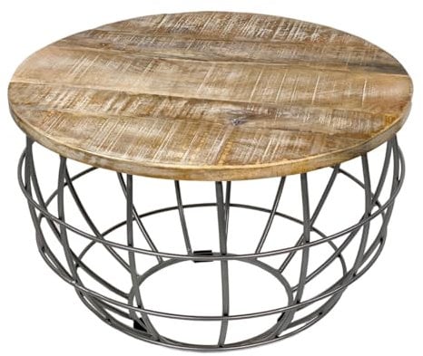 Amago home Couchtisch Wohnzimmer-Tisch rund ø 55 cm Beistelltisch Metall Gestell Tischplatte Holz massiv Farbe weiß gekälkt