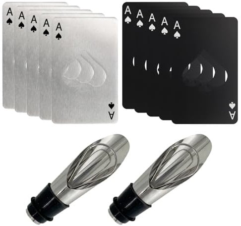 VBRHFRIF 10-Piece Bottle Opener Set: 2 Wine Pourers, Novelty & Bottle Cap Corkscrews, Playing Card Design, Plastic and Metal