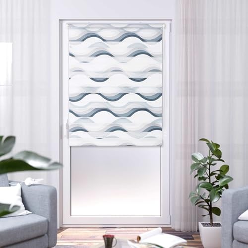 K-Home Klemmfix Doppelrollo Madrid ohne Bohren Bedruckt Welle Grau 45 x 150 cm (B x L)