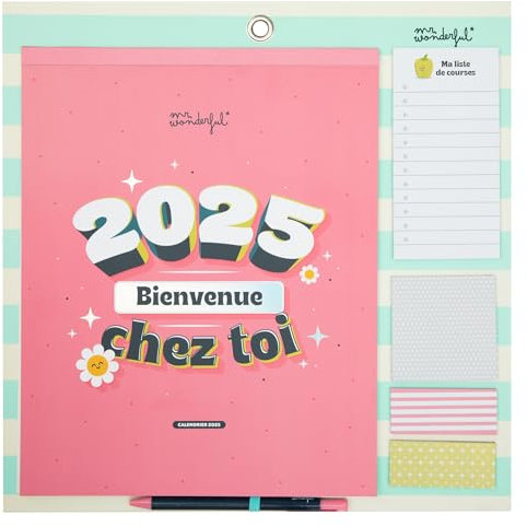 Sr. Wonderful Mr.Wonderful – Calendario de pared magnético 2025-2025, bienvenido a tu casa – Incluye un bloc de notas para la lista de compras y 4 hojas de pegatinas