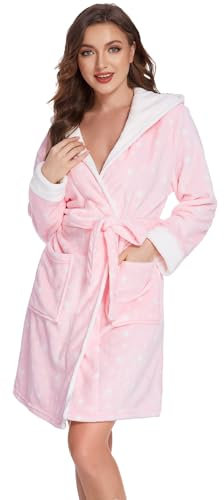 Ekouaer Accappatoio Donna Spugna Morbida Vestaglia con Cappuccio Pile con Tasche Velour Accappatoio Maniche Lunghe Invernale Rosa M