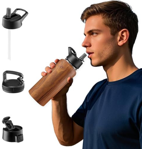 GARUET 950 ML Triple Walled, Insulated Water Bottles with Straw - Stainless Steel Metal Bottle W/ 3 Leak Proof Lids - For Travel, School, Sports, Gym/Men, Women & Kids (Rustic Grained Sienna)