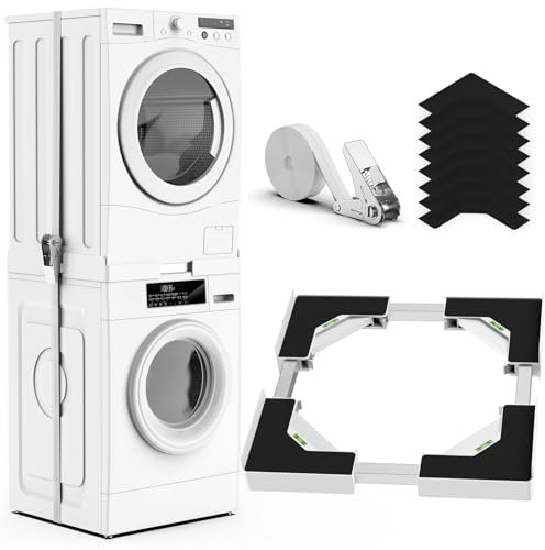YUZEER Kit de Apilamiento Universal para Lavadora y Secadora, con Cuerda de Trinquete, Tamaño del Marco Apilado Ajustable, Adecuado para Lavadoras y Secadoras de 45-68 cm(Blanco)