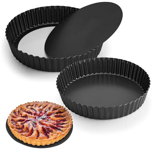 Aramanara 2 Pcs 26 cm Deep Quiche Dish, Non Stick Quiche Tins with Loose Base, Round Carbon Steel Fluted Tart Tin, 5.5 cm Deep Flan Tins for Baking(Black)