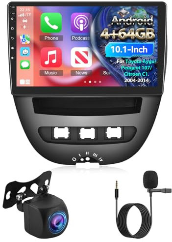 [4G+64G] Android Autoradio per Toyota Aygo/Peugeot 107/Citroen C1 2004-2014 con Wireless Carplay & Android Auto, Schermo Touch IPS 10.1 pollici con GPS, WiFi, 32EQ, Bluetooth 5.0, Radio FM/RDS