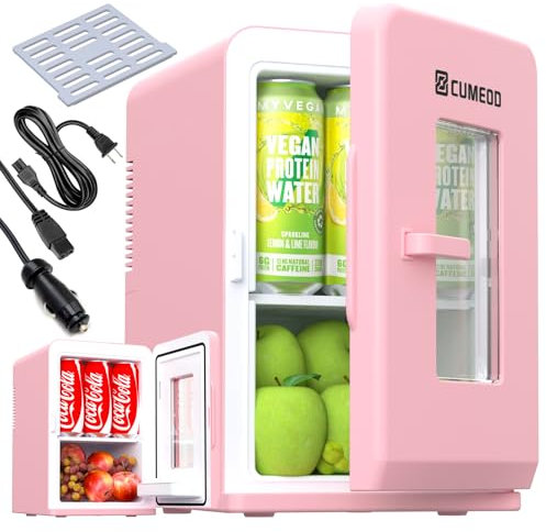 Cumeod 15 Liter/ 21 Dosen Mini Kühlschrank, 2 in 1 Kleiner Kühlschrank mit Kühl- und Heizfunktion, 12V DC/220V AC für Autos, Büros und Schlafsäle, Getränke, Kosmetik, Schwarz, Max- & Eco-Modus, Rosa