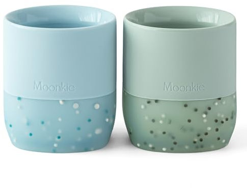 Moonkie Vaso Bebe, Paquete de 2 Vaso Agua 4 Meses +, Base Ponderada, sin BPA, con Marcas de Capacidad, Vaso Silicona Bebe, Apto para Lavavajillas y Microondas, 2oz(Éter/Menta)