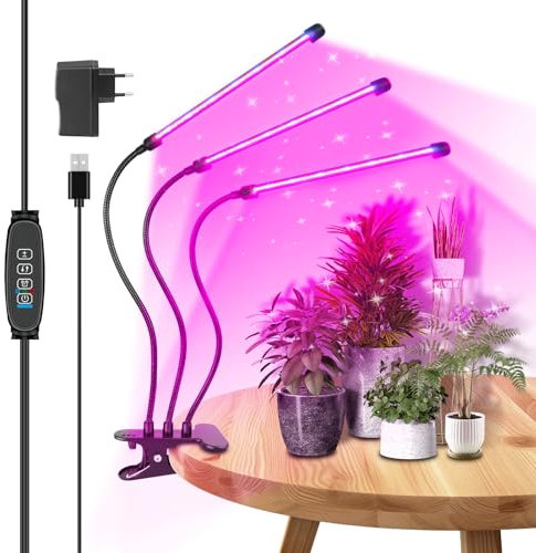 RIGIDON Lampada per Piante Coltivazione Indoor Con Clip, 3-Teste 60 Leds 460nm-470nm 620nm-630nm Grow Light da Interno, Timer 3/9/12H, 10 Livelli di Luminosità, per Serra Idroponica da Casa
