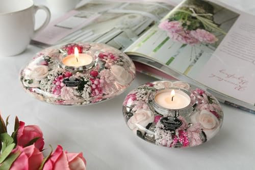 CULT at home Dreamlight Teelichthalter Deko - 2tlg Set Teelichtleuchter Rosa UFO - Hochzeit Deko Rosen Ostern – Traumlicht Teelichter Glas Rosenblüten Beeren – Ø 11/12 cm