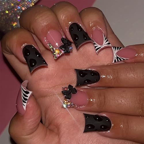 Duck Press On Nails French Tip Fake Nails Glues Ons Nails Bows Rhinestones Design Acrylic Nails 24Pcs Duck False Nails