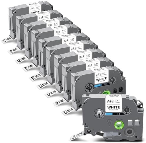Exsun 12mm 0,47'' Schriftband Kompatibel für Brother Tzc231 Tz 231 TZe231 TZe-231 Etikettenband für P-touch PT-H105 H107 E100 D600 H100R H110 H101C H100LB H200 D400 Schwarz auf Weiß 10Pack