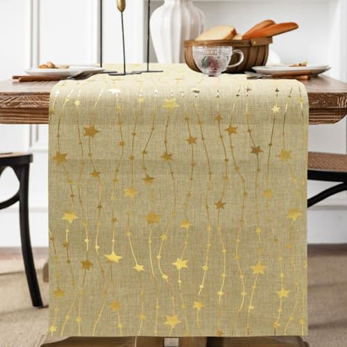 Tischläufer Weihnachten, 275 x 28 cm Weihnachts Tischläufer Gold, Weihnachtstischläufer, Sterne Weihnachtsläufer Tisch, Tischband Glitzer Weihnachten Tischdeko für Silvester Adventszeit Hochzeiten