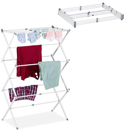 Relaxdays Drying Rack for Clothing, Folding Laundry Airer, 11 Rods, 6 Tiers, HWD: 105x73x37 cm, Metal, Extendable, White