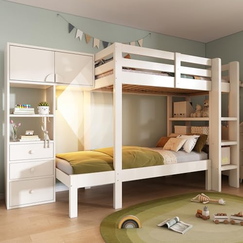 Zravenna 90x200cm Etagenbett Hochbett für 2 Kinder, Kinderbett Rausfallschutz mit Leiter und hohes Zaundesign, Versetztes Design mit Schrank, Regal und Schubladen, Massivholz (D-Weiß)