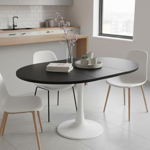 Aislinglen Esstisch Rund Ausziehbar Schwarz mit Weißen Beinen 100-140x100x75cm, Ausziehtisch Esszimmer für 4-6 Personen, Küchentisch für Esszimmer, Küche, Wohnzimmer (Runden D)
