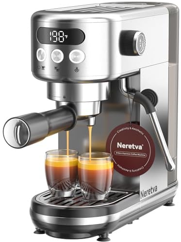 Neretva 20 Bar Machine a Cafe Compacte Cafetière En Acier Inoxydable | Mousseur à Lait & Écran LED Machine à Cafe avec Pré-infusion, Réservoir 1,3L pour Espresso/Cappuccino/Latte/Macchiato