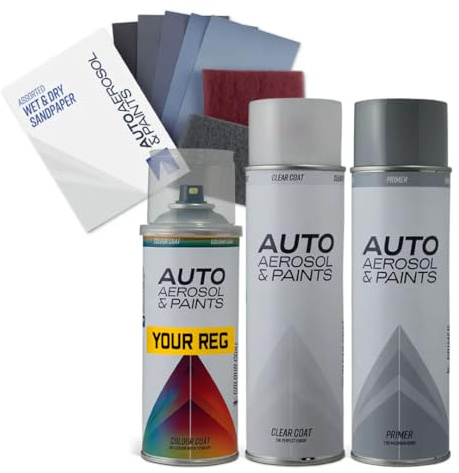 Auto Aerosol – Complete Aerosol Paint Repair Kit Mixed by Reg Registration Plate – Paint, Primer & Clear Coat + Sandpaper for All Models - Exact Match Guarantee