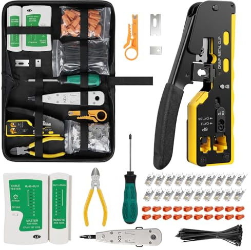 RJ45 Crimp Tool Kit, Ethernet Crimping Tool Set with 20PCS Cat6 RJ45 Pass Through Connectors, Rj45 Crimper, Network Cable Tester and Wire Stripper in a Bag