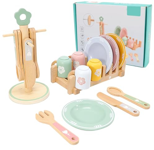 Teeservice Kinder Holz, Kinderküche Geschirr mit Tassen Teller, Spielküche Zubehör Puppengeschirr Holz Kinderküche Spielzeug Rollenspiel Geschenk für Jungen und Mädchen