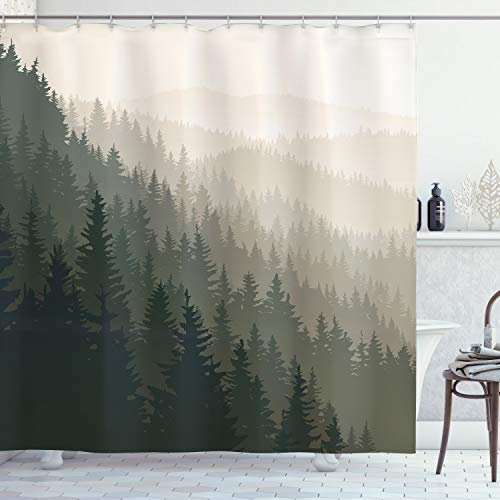 ABAKUHAUS Wald Duschvorhang, Scandinavian Nature, Stoffliches Gewebe Badezimmerdekorationsset mit Haken, 175 x 200 cm, Dunkelgrün Creme Tan