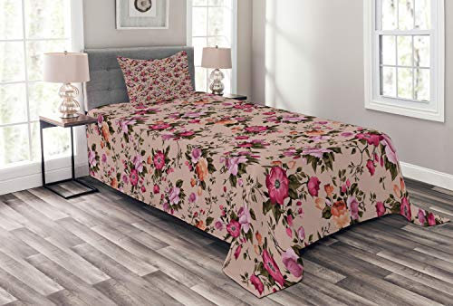 ABAKUHAUS Blume Tagesdecke Set, Blumenmuster mit Rose, Set mit Kissenbezügen Waschbar, für Einselbetten 170 x 220 cm, Dunkelgrün Rosa