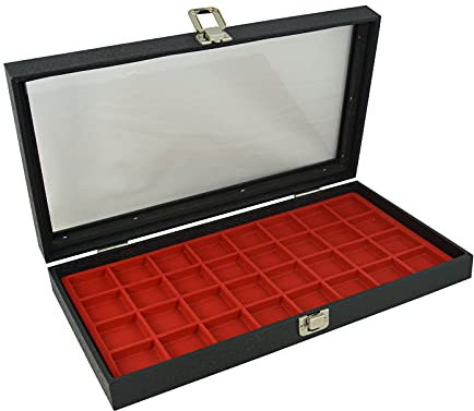 Black Case with Glass Lid & Choice of Red Insert - Salesman Organiser Jewellery Coin Gem Medal Display (Tray with 32 Compartment Insert)