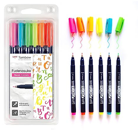 Tombow WS-BH-6P Brush Pen Fudenosuke Neon 6er-Set, harte Spitze, pink, yellow, green, orange, red, blue