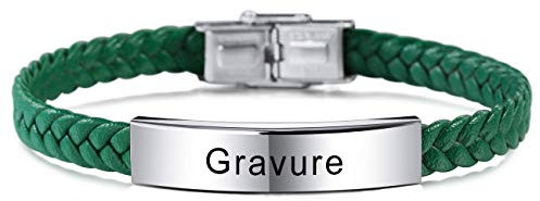 MeMeDIY Nom Bracelet Bracelets Personnalisés Pour Femmes Bracelets Personnalisés Pour Garçons Hommes Filles En Acier Inoxydable Véritable Gravure Sur Cuir Tressé Manchette Réglable (Couleurs Vertes)