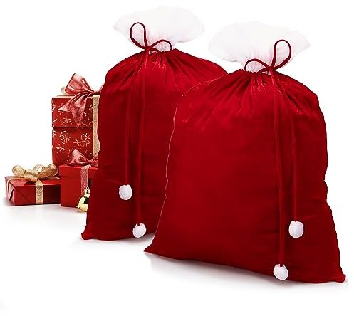 com-four® 2X Edler XXL Weihnachtssack aus Samt mit Langer Kordel & weißen Bommeln - Geschenksack für Weihnachtsmannkostüm & Dekoration - Nikolausbeutel zum Befüllen (rot)