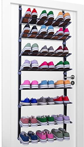 Knight Over Door Shoe Storage Organiser | 8 Tier Hanging Shoe Rack Holder | Space-Saving Shelf Holder for Bedroom, Hallway | Holds 24 Pairs | Foldable Non-Slip Metal (8 Tier)
