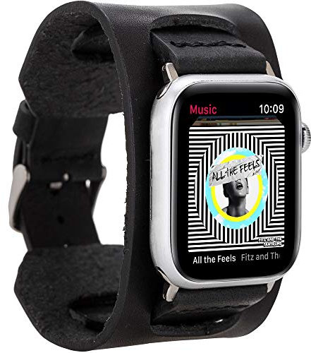 Burkley - Echtes Büffel-Leder Ersatzarmband für Apple Watch in 42mm 44mm 45mm - Kompatibel mit Allen Serien - Handgefertigt - Edles Design - Schwarz (Cuff-MS-MBL)