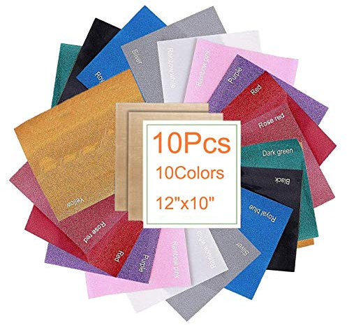 Heat Transfer Vinyl, 12X10 Glitter Vinyl Self Adhesive, PU HTV Vinyl 10 Colors Iron On Vinyl for DIY Heat Vinyl Design