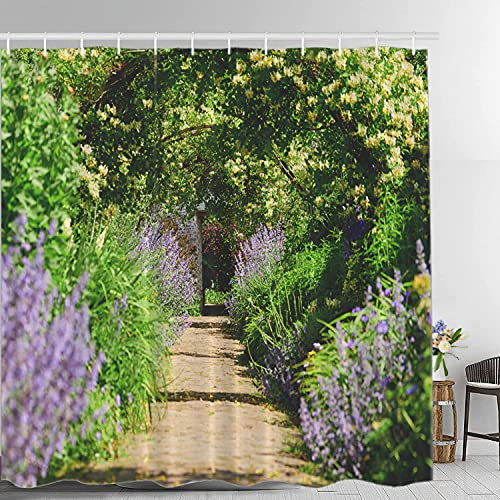 Batmerry European Flowers Scenery Garden Decoration Shower Curtain, Honeysuckle Arch Sunny Day English Country Decor Shower Curtain for Shower Stall Bathroom Waterproof of Standard Size 72x72 Inch