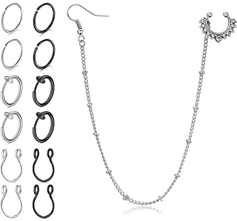 LAURITAMI 13stk Fake Nasenpiercing Nasenclipkette Chirurgenstahl Fake Septum Hoop Non Pierced Nasenring Cartilage Knorpel Helix Lippenpiercing