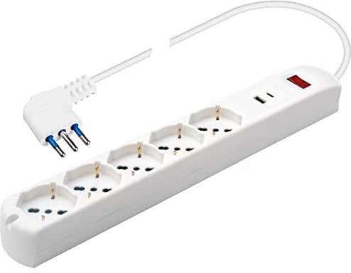 POLY POOL - PP2536 Ciabatta Multipresa Elettrica 5 Prese Schuko Multistandard Bivalent 10/16A + 2USB (A+C)- Spina Salvaspazio 10A - Multipresa con 1 Interruttori - Ciabatta con Interruttore Bianca