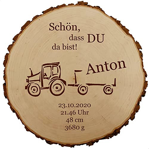Baumscheibe 30cm mit Gravur (Name, Datum, Uhrzeit, Gewicht, Größe) personalisierte XXL Holz-Scheibe Taufgeschenke Geschenke zur Geburt Taufe für Jungen, Trecker MotivGE4