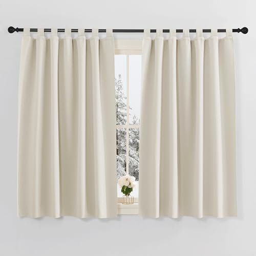 PONY DANCE Kurze Gardinen Küche Modern - Schlaufenschal 2er Set H 145 x B 140 cm Thermovorhang gegen Kälte und Hitze Vorhang Blickdicht Kurz Gardinen Schlaufen, Hellbeige