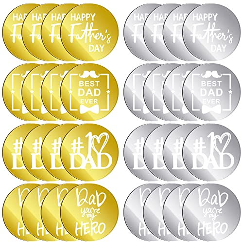 Queekay 32 Pcs Happy Father's Day Cupcake Topper Acrylic Mirror Disc Round Cake Engraved Topper Charms for Dad Birthday Party Decor(Gold, Silver,Dad)