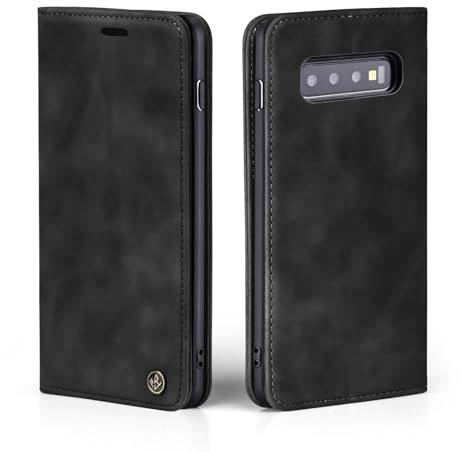 LBH Handyhülle für Samsung Galaxy S10+ in Schwarz mit Karten- und Geldfach Smartphone Hülle mit Standfunktion Flip Case Schutzhülle Magnetverschluss Vintage